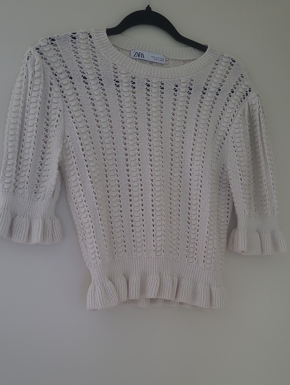 Zara Cream Open-Knit Ruffled-Hem Crewneck Sweater